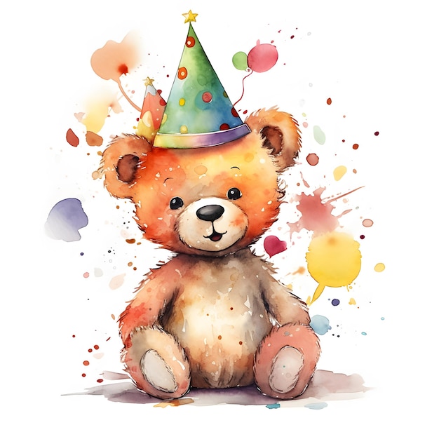 Een aquarel schilderij van een teddybeer met een feestmuts.