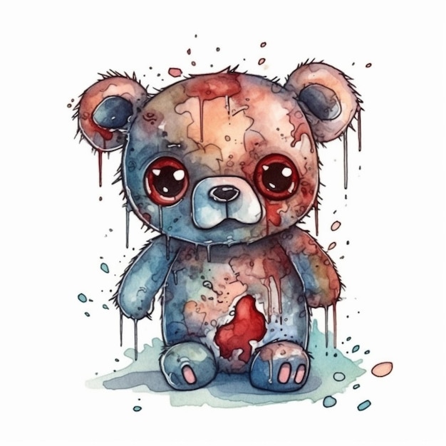 Een aquarel schilderij van een teddybeer met een gebroken hart.