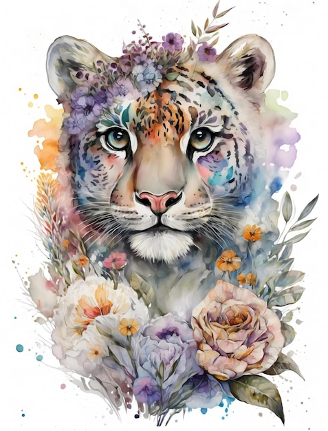Een aquarel schilderij van een tijger met bloemen
