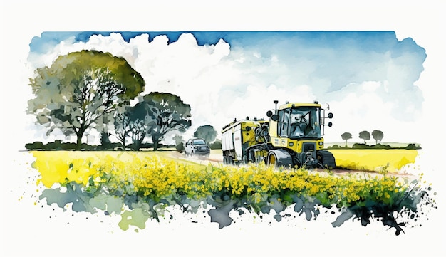 Een aquarel schilderij van een tractor in een veld met koolzaad.