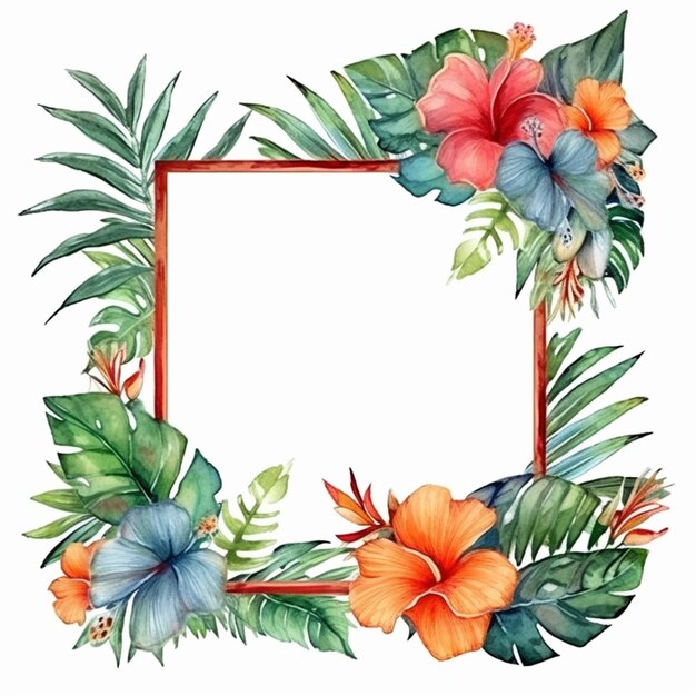 Een aquarel schilderij van een tropisch frame met bloemen en bladeren generatieve ai