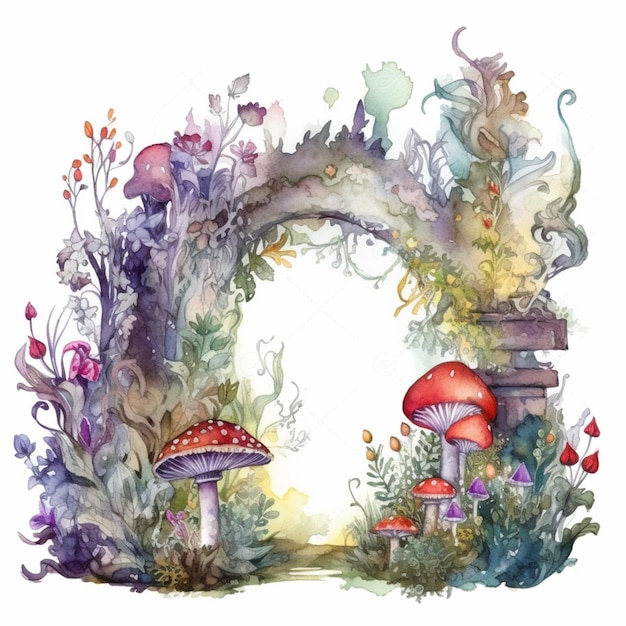 Een aquarel schilderij van een tuin met paddenstoelen en planten.