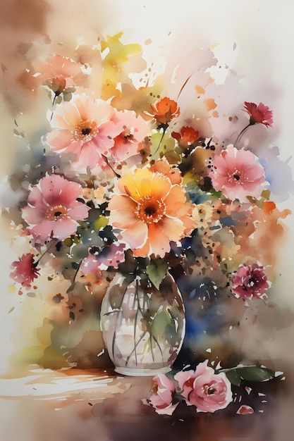 Een aquarel schilderij van een vaas met bloemen met daarin een roze bloem.