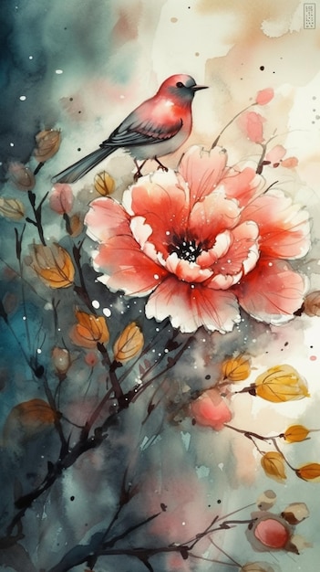 Een aquarel schilderij van een vogel en bloemen.
