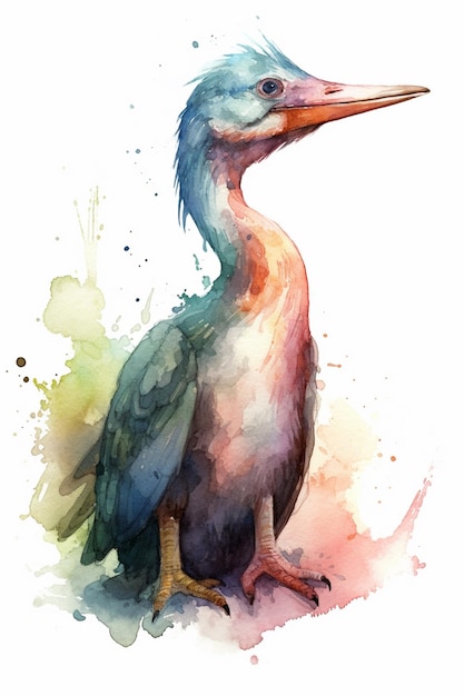 Een aquarel schilderij van een vogel met een lange snavel en een lange staart.