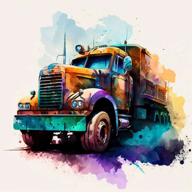 Een aquarel schilderij van een vrachtwagen beschilderd met een regenboog van kleuren.