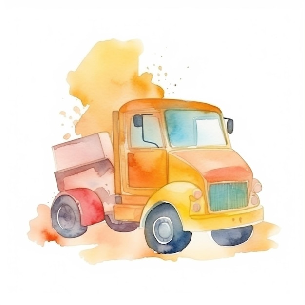 Foto een aquarel schilderij van een vrachtwagen met een rode aanhanger.