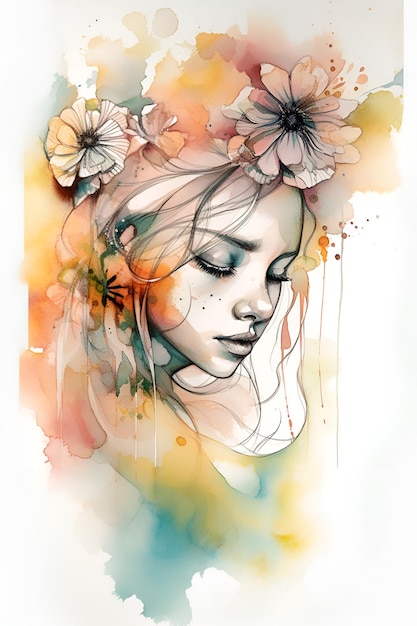 Een aquarel schilderij van een vrouw met bloemen op haar hoofd