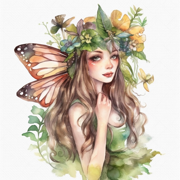 Een aquarel schilderij van een vrouw met een vlinder op haar hoofd