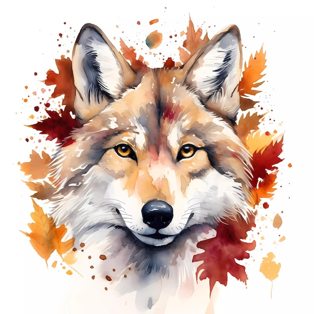 Een aquarel schilderij van een wolf met oranje ogen en een rode achtergrond met bladeren.