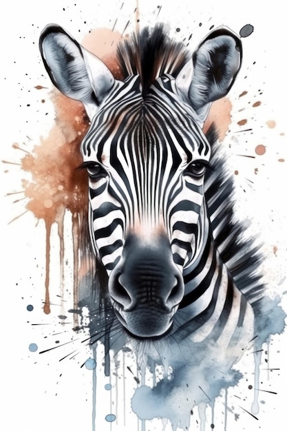 Een aquarel schilderij van een zebra met een blauwe achtergrond.