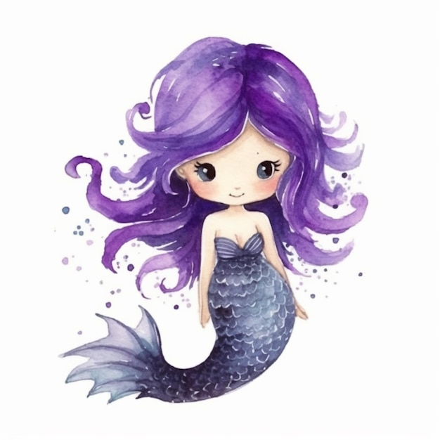 een aquarel schilderij van een zeemeermin met paars haar en een paarse staart generatieve ai