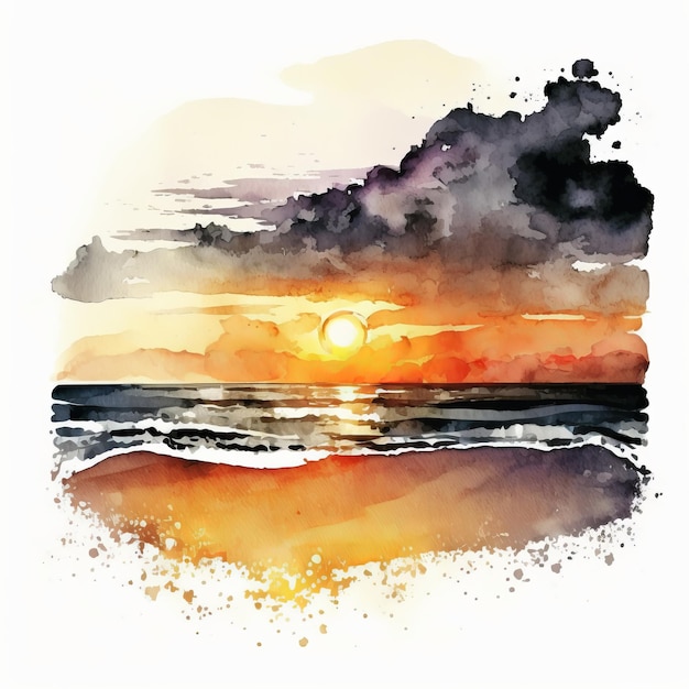 Een aquarel schilderij van een zonsondergang met een bewolkte lucht en een bewolkte lucht.