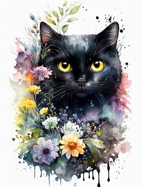 Een aquarel schilderij van een zwarte kat met gele ogen