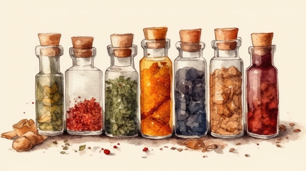 Een aquarel schilderij van flessen specerijen en kruiden.