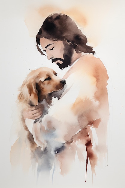 Een aquarel schilderij van Jezus die een hond knuffelt.