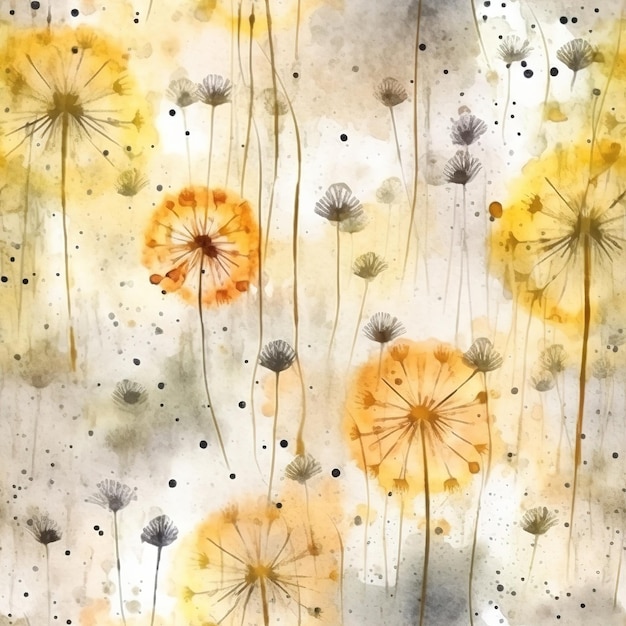 Een aquarel schilderij van paardebloemen met zwarte stippen en gele bloemen.