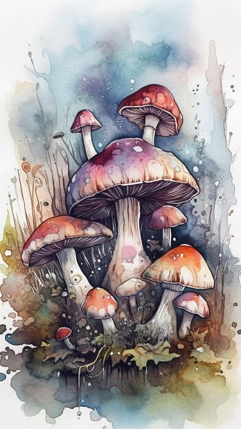 Een aquarel schilderij van paddenstoelen met een blauwe achtergrond.