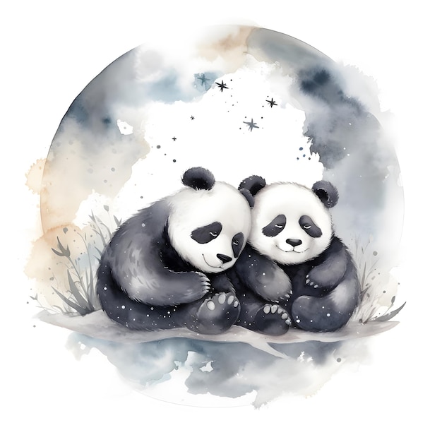 Een aquarel schilderij van twee panda's die knuffelen op een rots.