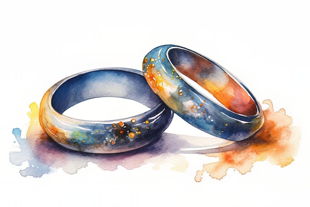 Een aquarel schilderij van twee ringen met het woord liefde bovenaan.