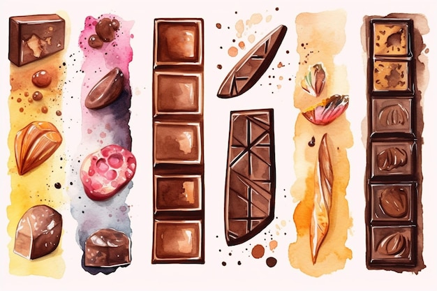 Een aquarel schilderij van verschillende chocolaatjes.