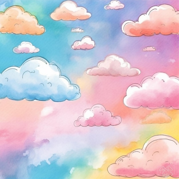 Een aquarel schilderij van wolken met een regenboog achtergrond.