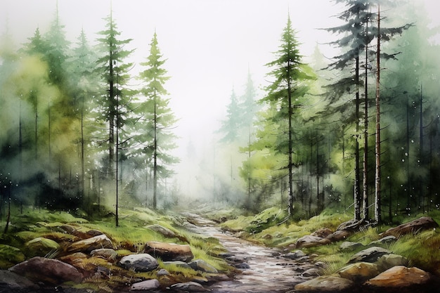 Een aquarel Serenity Forest schilderij in aquarel