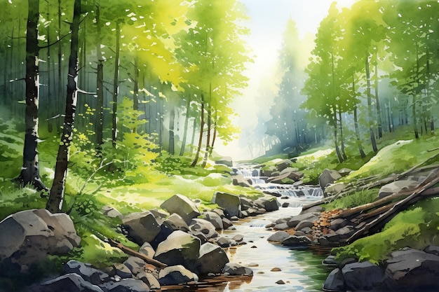 Een aquarel Serenity Forest schilderij in aquarel