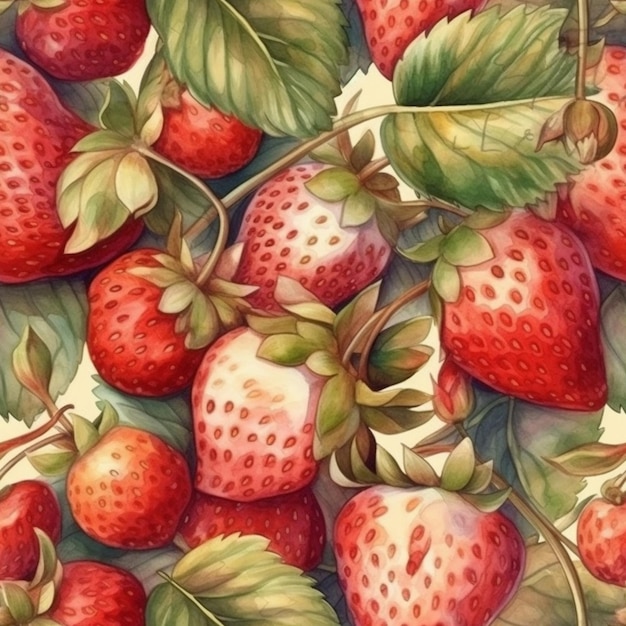 Een aquarel van aardbeien op een tak.