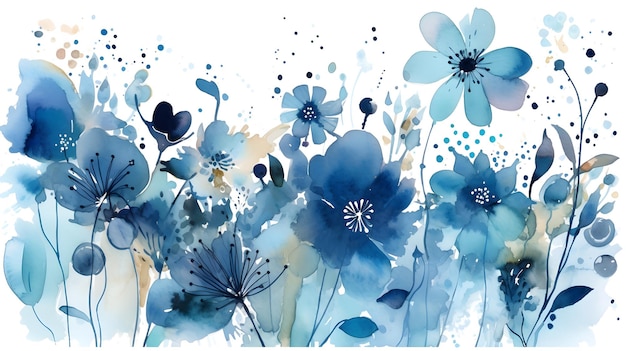 Een aquarel van blauwe bloemen.