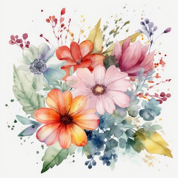 Een aquarel van bloemen en bladeren.