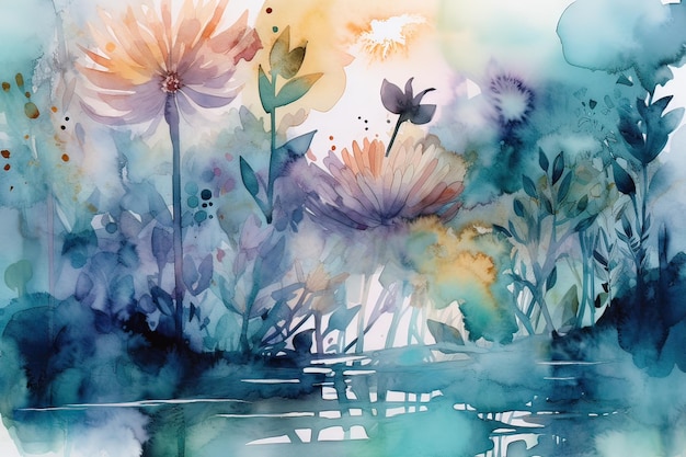 Een aquarel van bloemen in het water