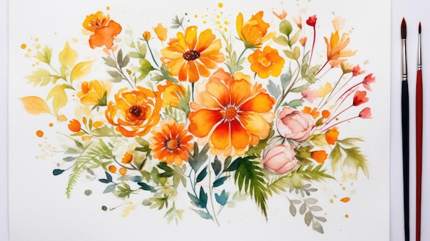 Een aquarel van bloemen van pioenroos en dier.