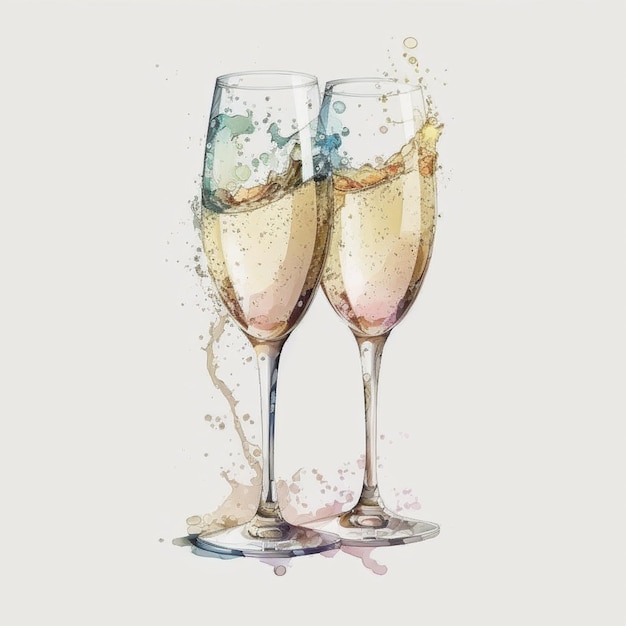 Een aquarel van champagneglazen met een scheutje water.