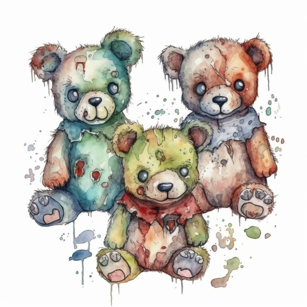 Een aquarel van drie teddyberen.