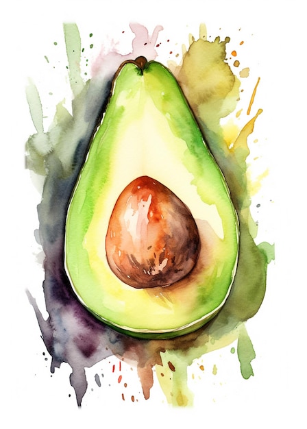 Een aquarel van een avocado met het woord avocado erop.