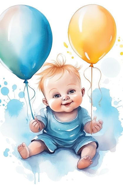 Een aquarel van een baby met ballonnen