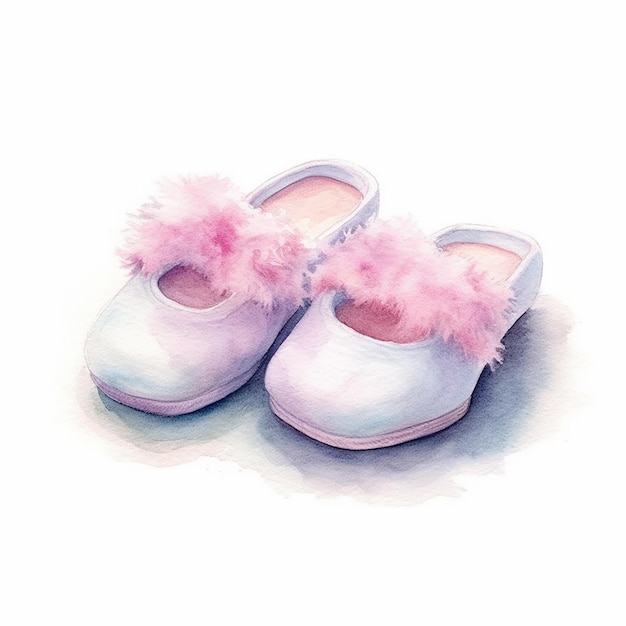 Een aquarel van een babyschoentje met roze vacht.