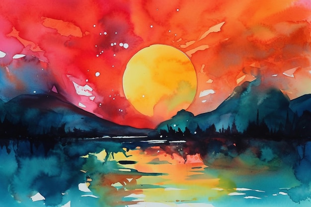 Een aquarel van een berglandschap met een zonsondergang op de achtergrond.