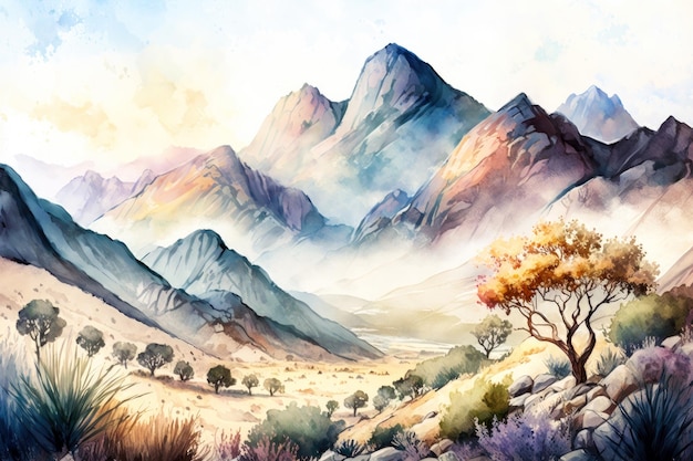 Een aquarel van een berglandschap met in de verte een bergketen.