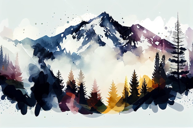 Een aquarel van een berglandschap met op de achtergrond een bergketen.