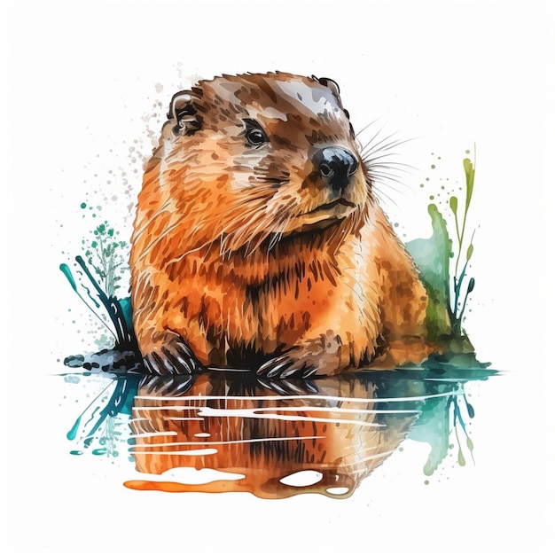 Een aquarel van een bever die uit het water kijkt.