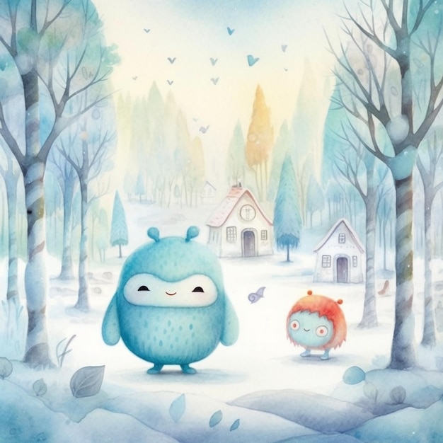 Een aquarel van een blauw monster en een klein meisje dat in de sneeuw loopt.