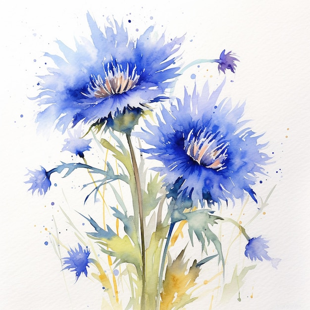 Een aquarel van een blauwe bloem met het woord madeliefje erop.