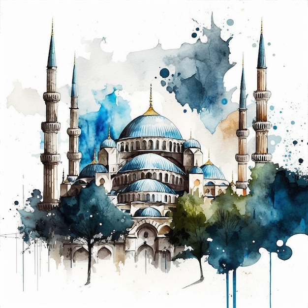 Een aquarel van een blauwe moskee in Istanbul.