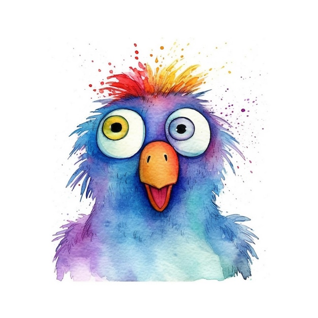 Een aquarel van een blauwe vogel met een regenboogkleurige snavel.