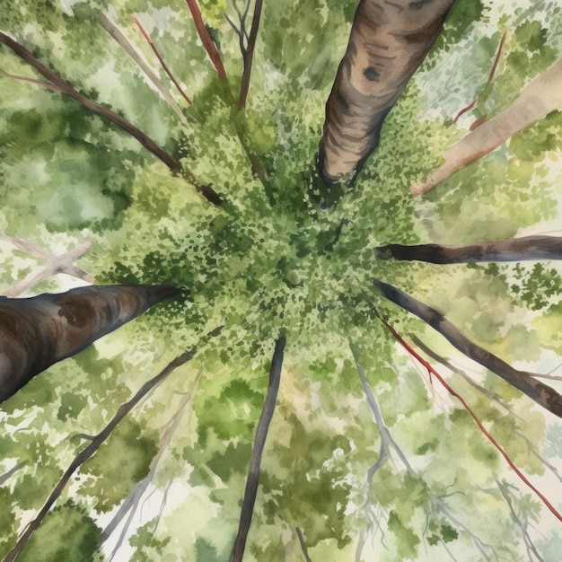 Foto een aquarel van een bos met de boomtoppen zichtbaar.