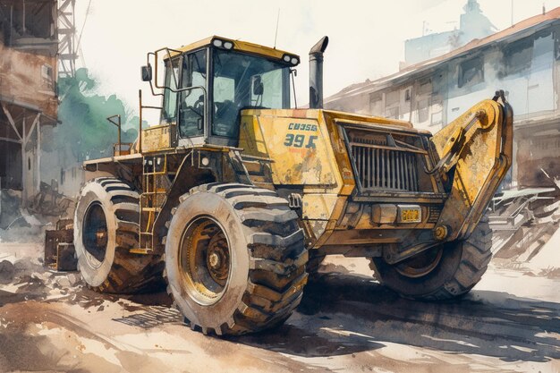 Een aquarel van een bulldozer met het nummer 95 erop.