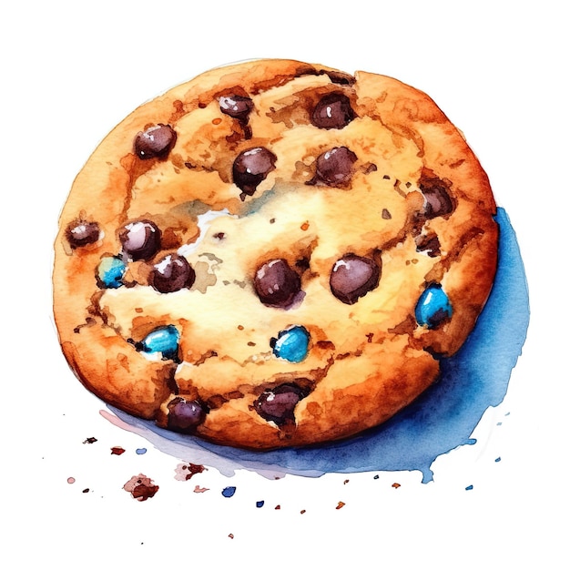 Een aquarel van een chocolate chip cookie.