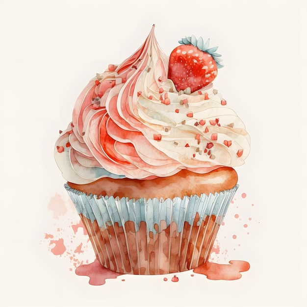 Foto een aquarel van een cupcake met een aardbei erop